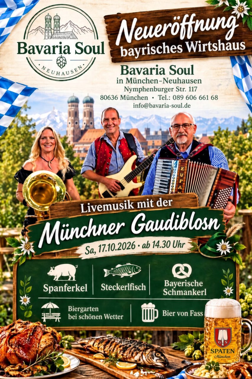 Plakat: Neueröffnung bayrisches Wirtshaus Bavaria Soul – Livemusik mit der Münchner Gaudiblosn am Samstag, 17.10.2026, ab 14:30 Uhr. Spanferkel, Steckerlfisch, bayerische Schmankerl, Biergarten bei schönem Wetter, Bier vom Fass. Nymphenburger Str. 117, 80636 München.